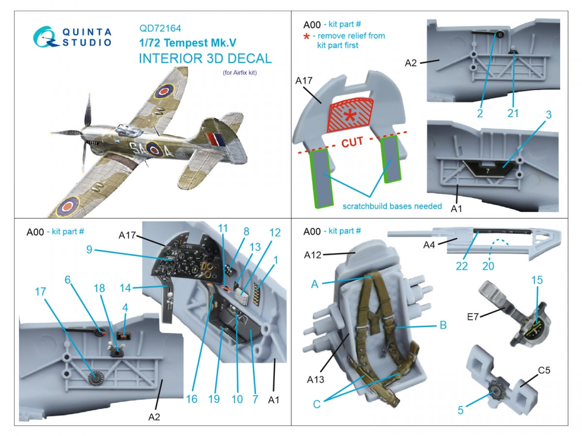 Quinta Studio QD72164 Tempest Mk.V 3D-Printed coloured Interior on decal paper (Airfix) 1/72 – immagine 2