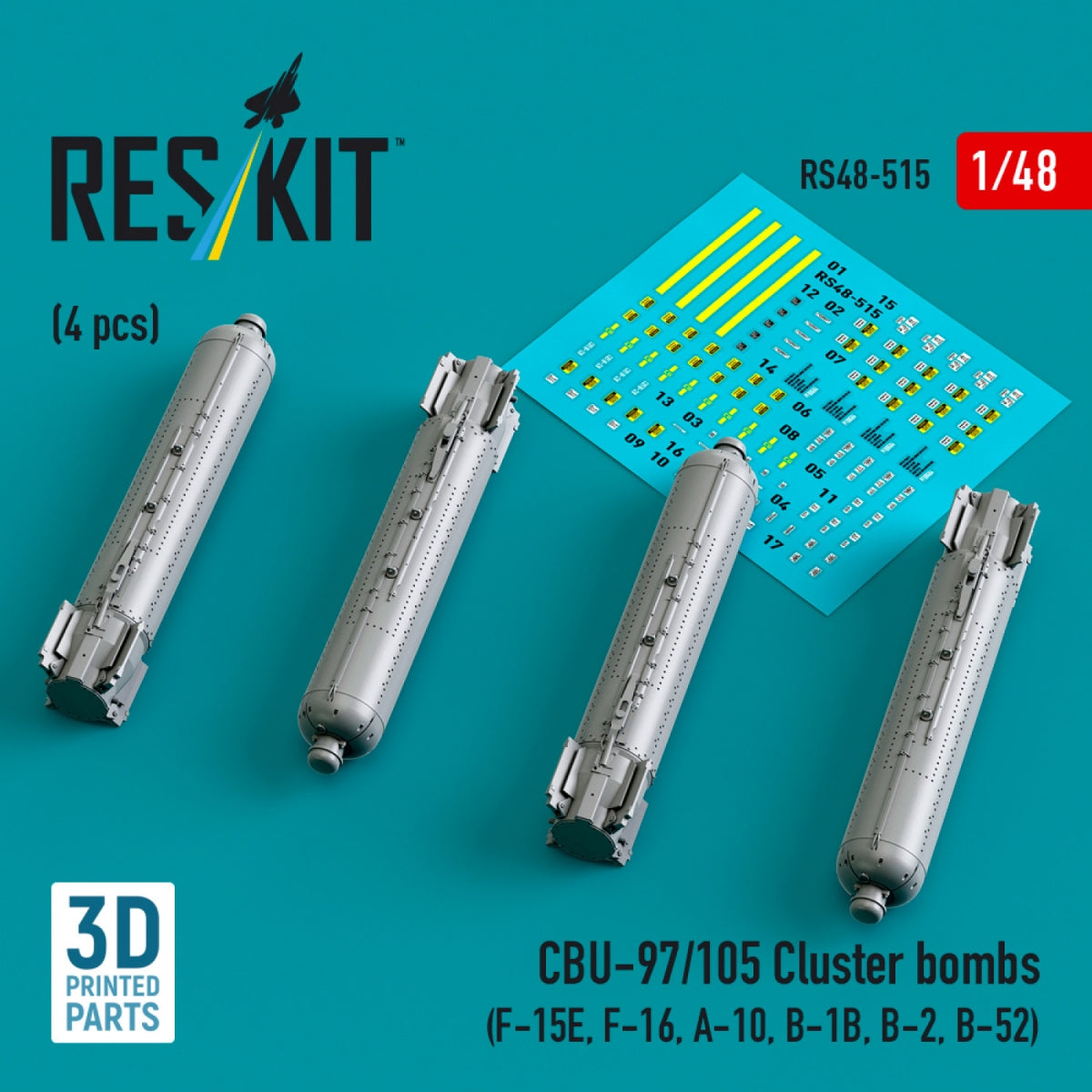 RESKIT RS48-0515 Bombes à fragmentation CBU-97/105 (4 pièces) (Impression 3D) 1/48 