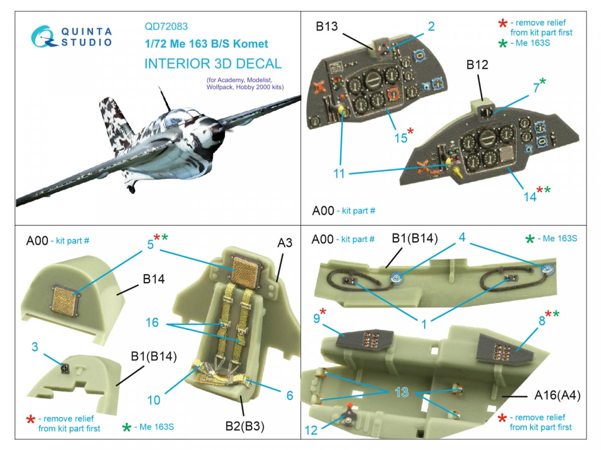 Quinta Studio QD72083 Me 163 3D-Printed &amp;amp; coloured Interior on decal paper (Academy) 1/72 – imagen 2