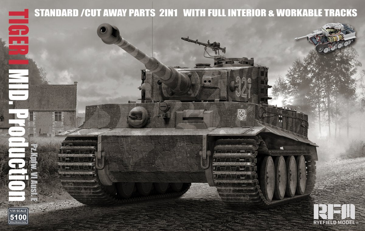 Rye Field Model 5100 TIGER I MID.Production STANDARD/CUT AWAY PARTS 2 IN 1 WITH FULL INTERIOR&amp;amp;WORKABLE TRACKS 1/35
