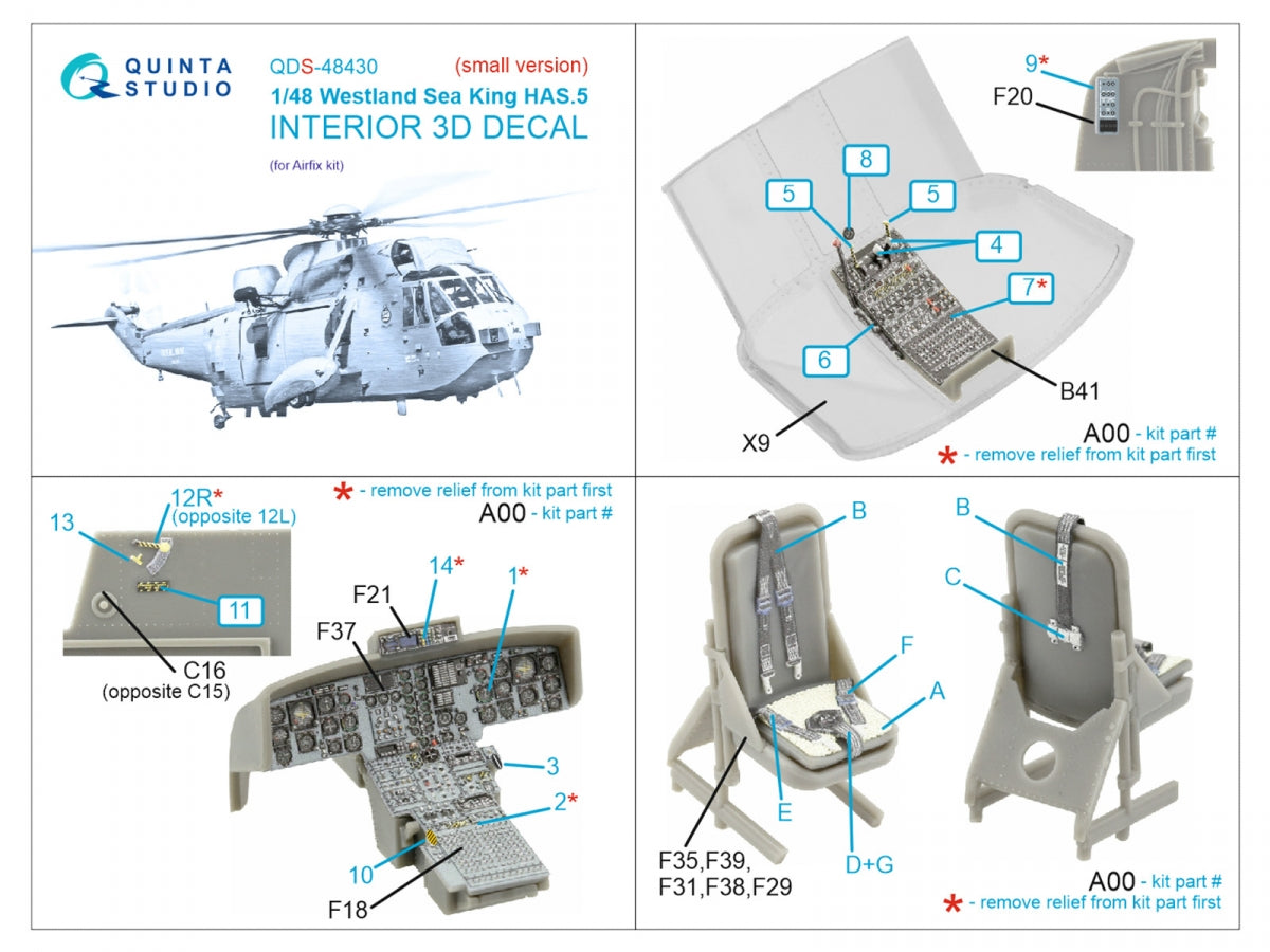 Quinta Studio QDS-48430 Westland Sea King HAS.5 3D-Printed &amp;amp; coloured Interior on decal paper (Airfix) (Small version) 1/48 – immagine 2