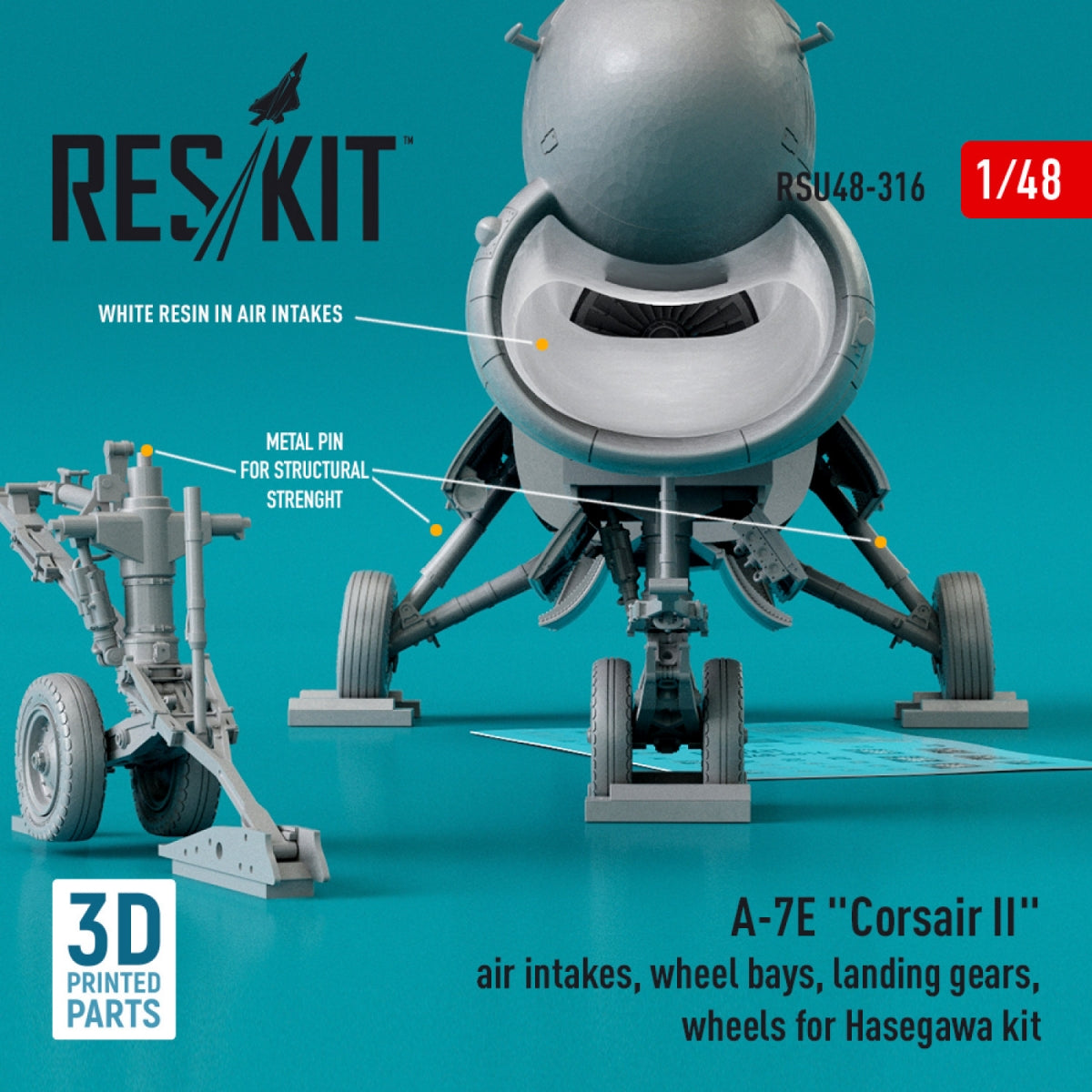 RESKIT RSU48-0316 A-7E &amp;quot;CORSAIR II&amp;quot; AIR INTAKES, WHEEL BAYS, LANDING GEARS, WHEELS FOR HASEGAWA KIT (3D PRINTED) 1/48 – image 3