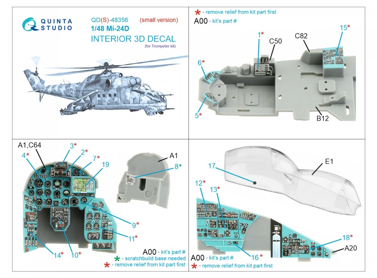 Intérieur imprimé en 3D et coloré sur papier décalcomanie Quinta Studio QDS-48356 Mi-24D (Trumpeter) (Petite version) 1/48 – image 2