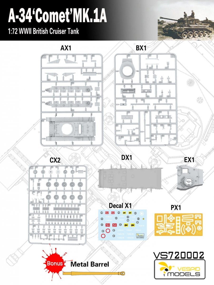 Vespid Models VS720002 A-34 &amp;#39;Comet&amp;#39; MK.1A British Cruiser Tank 1/72 – imagen 6