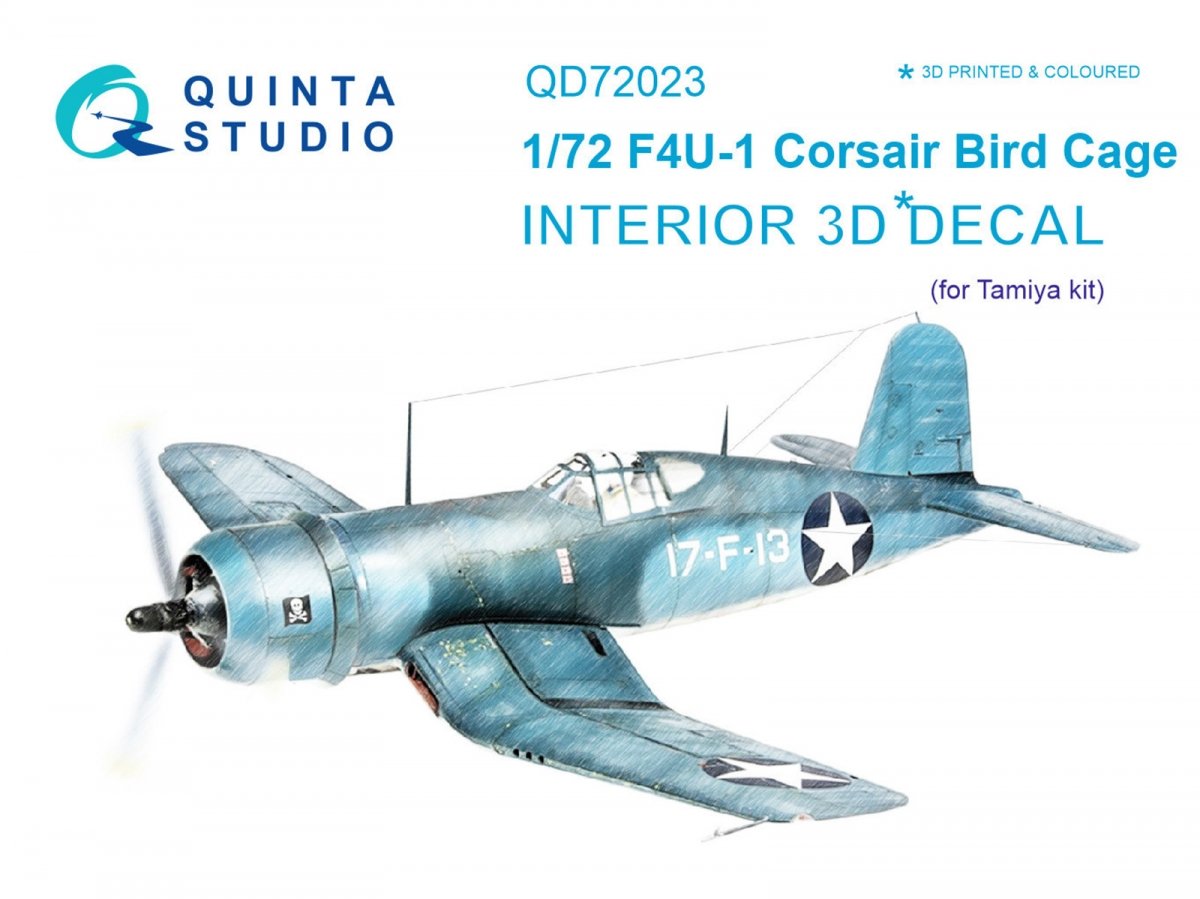 Intérieur imprimé en 3D et coloré sur papier décalcomanie Quinta Studio QD72023 F4U-1 Corsair (Oiseau) (pour maquette Tamiya) 1/72
