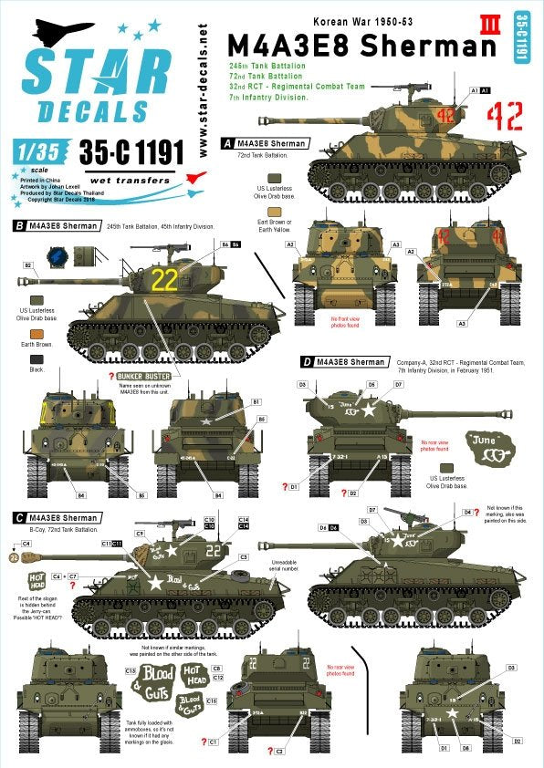 Star Decals 35-C1191 M4A3E8 Sherman 3 Guerre de Corée 1950-53 1/35 