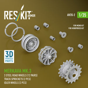 RESKIT AV35-0002 Merkava Mk.3 steel road wheels (12 pairs), track sprockets (2 pcs), idler wheels (2 pcs) for Meng/HobbyBoss kit (3D Printed) 1/35