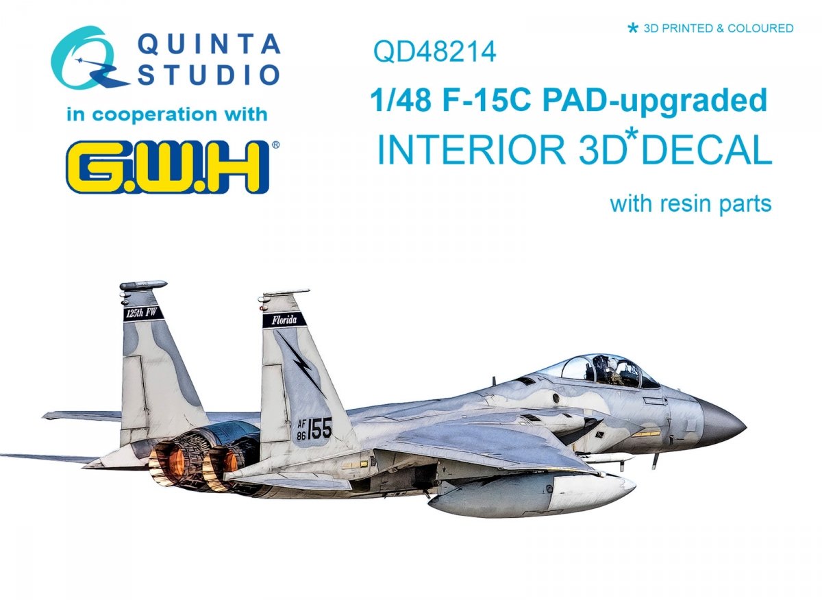 Quinta Studio QD48214 F-15C PAD - Intérieur imprimé en 3D et coloré, amélioré et décoré sur papier décalcomanie avec pièces en résine (GWH) 1/48