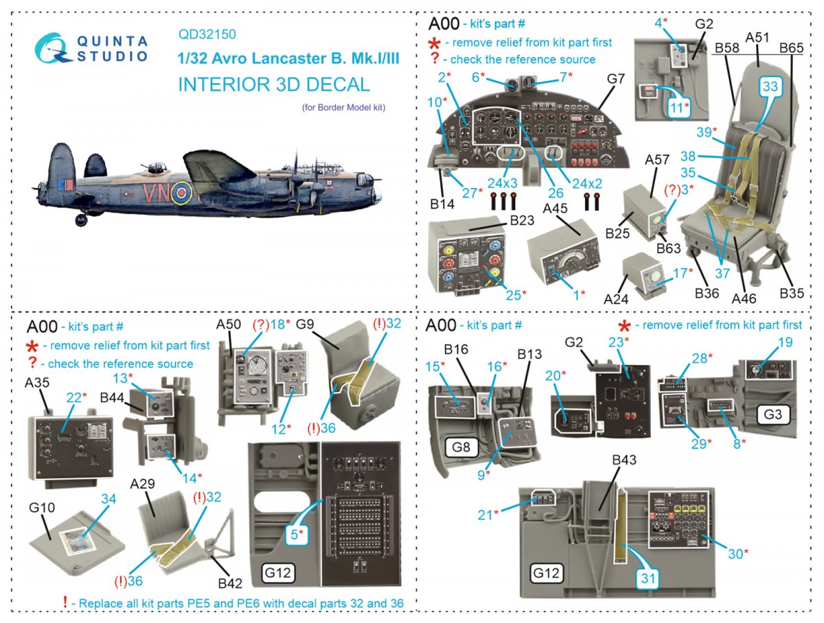 Quinta Studio QD32150 Avro Lancaster B. Mk.I/III 3D-Printed &amp;amp; coloured Interior on decal paper (Border Model) 1/32 – imagen 7