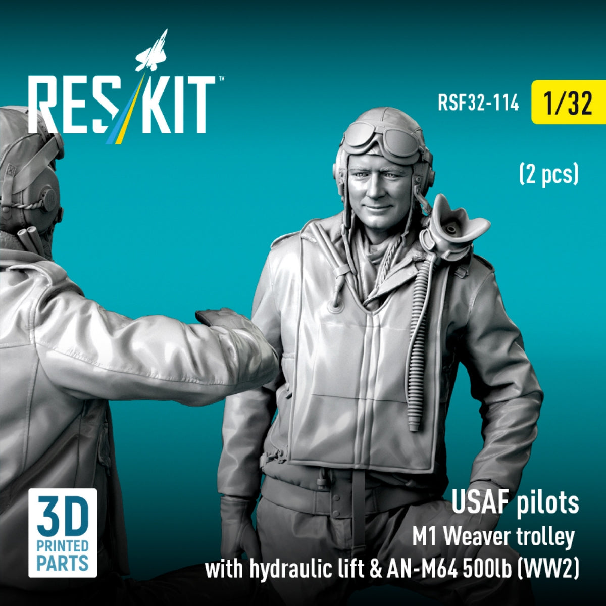 RESKIT RSF32-0114 USAF pilots (2 pcs) &amp; M1 Weaver trolley with hydraulic lift &amp; AN-M64 500lb (WW2) (3D Printed) 1/32