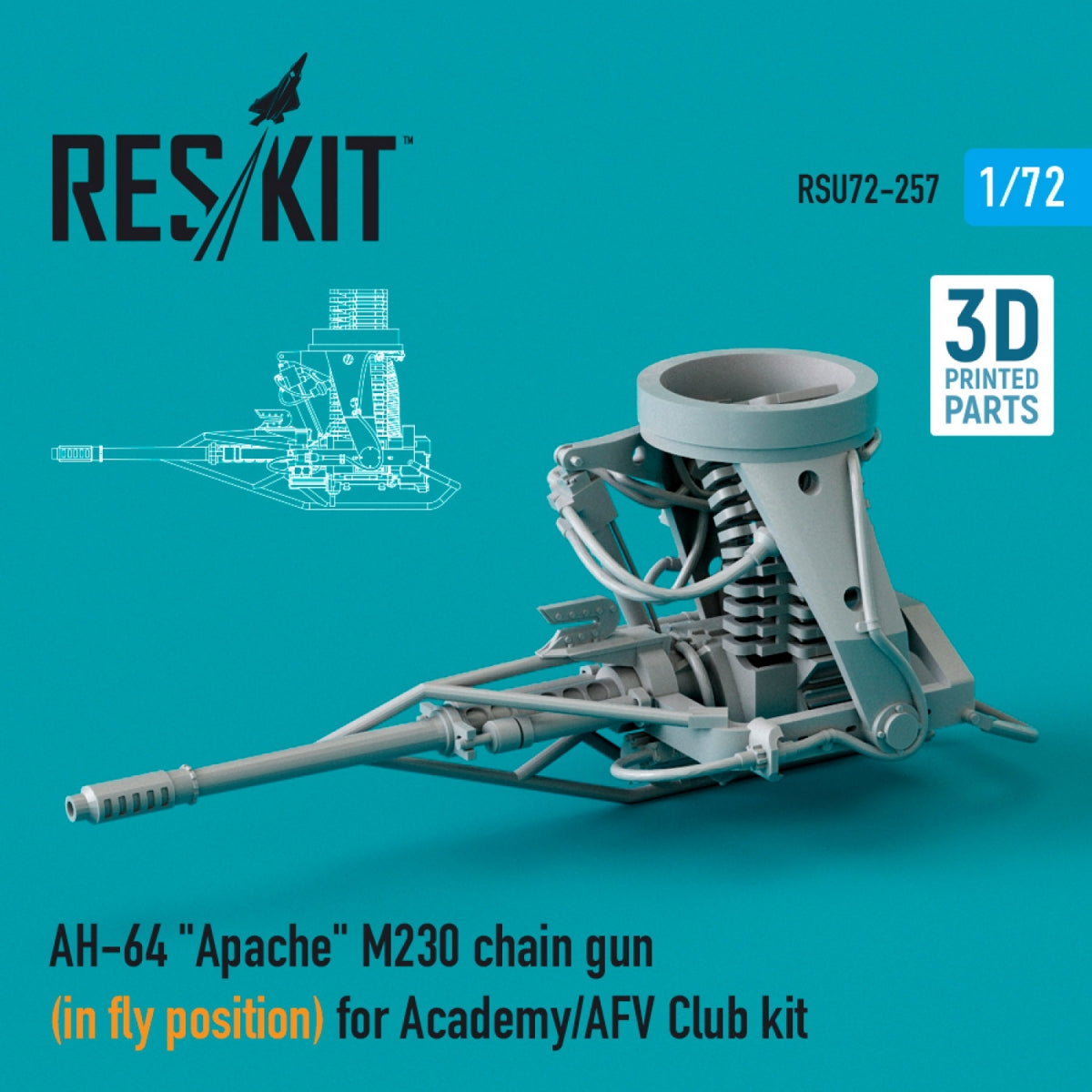 RESKIT RSU72-0257 AH-64 &amp;quot;APACHE&amp;quot; M230 CHAIN GUN (IN FLY POSITION) FOR ACADEMY / AFV CLUB KIT (3D PRINTED) 1/72
