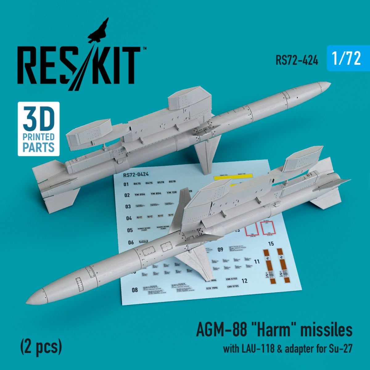RESKIT RS72-0424 MISSILES AGM-88 « HARM » AVEC LAU-118 ET ADAPTATEUR POUR SU-27 (2 PIÈCES) 1/72