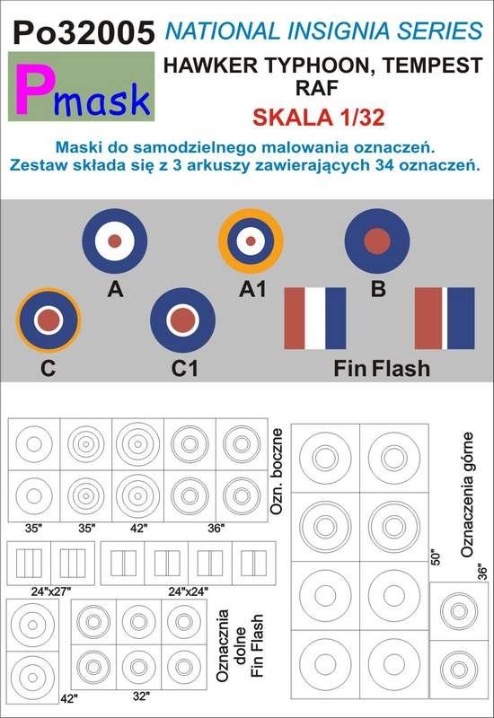 Masques P-Mask PO32005 pour peindre les marquages ​​RAF des Hawker Typhoon et Tempest (1/32)