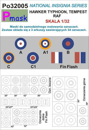 Masques P-Mask PO32005 pour peindre les marquages ​​RAF des Hawker Typhoon et Tempest (1/32)