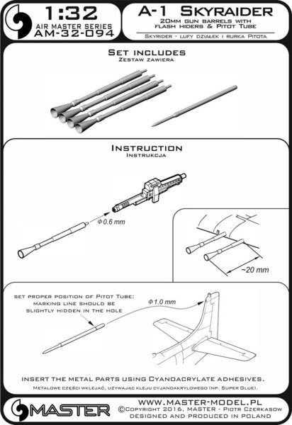 Master AM-32-094 A-1 Skyraider - 20mm cannon barrels with flash hiders and Pitot Tube 1/32 – imagen 3