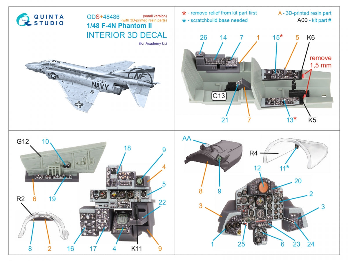 Quinta Studio QDS+48486 F-4N Phantom II 3D-Printed &amp;amp; coloured Interior on decal paper (Academy) (Small version) (with 3D-printed resin parts) 1/48 – Bild 3