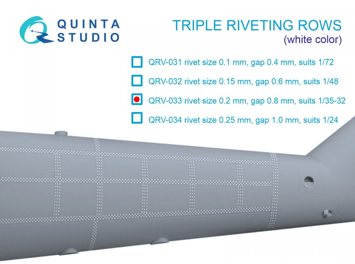 Quinta Studio QRV-033 Triple riveting rows (rivet size 0.20 mm, gap 0.8 mm, suits 1/32 scale), White color, total length 3.7 m/12 ft