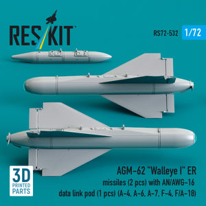 RESKIT RS72-0532 AGM-62 "Walleye I" ER missiles (2 pcs) with AN/AWG-16 data link pod (1 pcs) (A-4, A-6, A-7, F-4, F/A-18) (3D Printed) 1/72