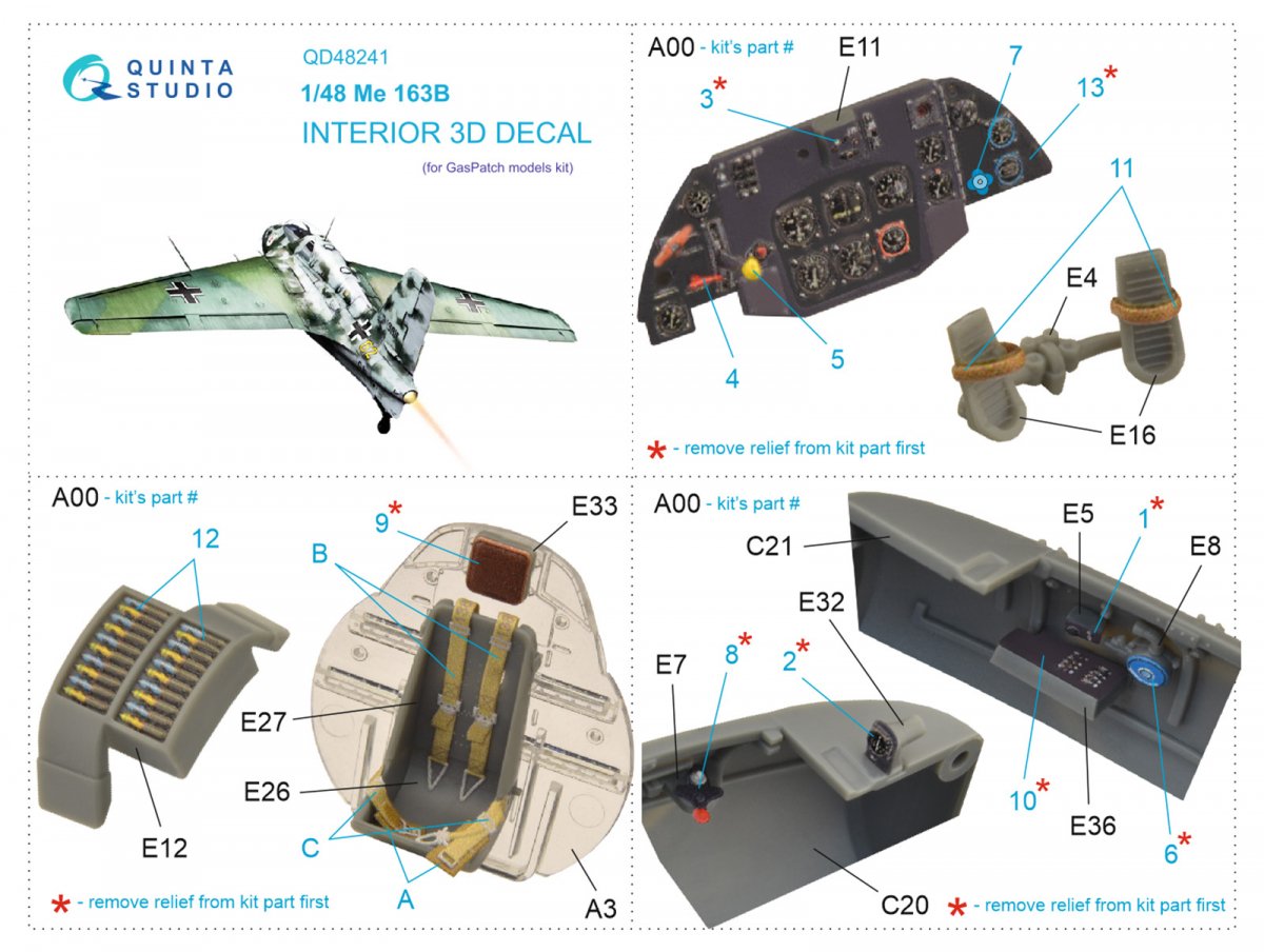 Intérieur imprimé en 3D et coloré sur papier décalcomanie Quinta Studio QD48241 Me 163B (GasPatch models) 1/48 – image 2