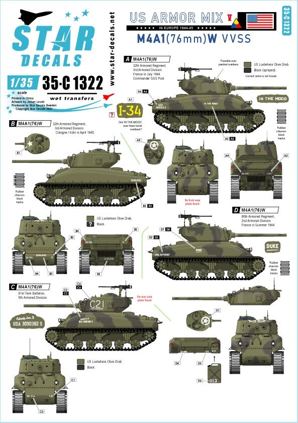 Star Decals 35-C1322 US Armor Mix #5 M4A1 (76) W Sherman in Europe 1944-45 1/35