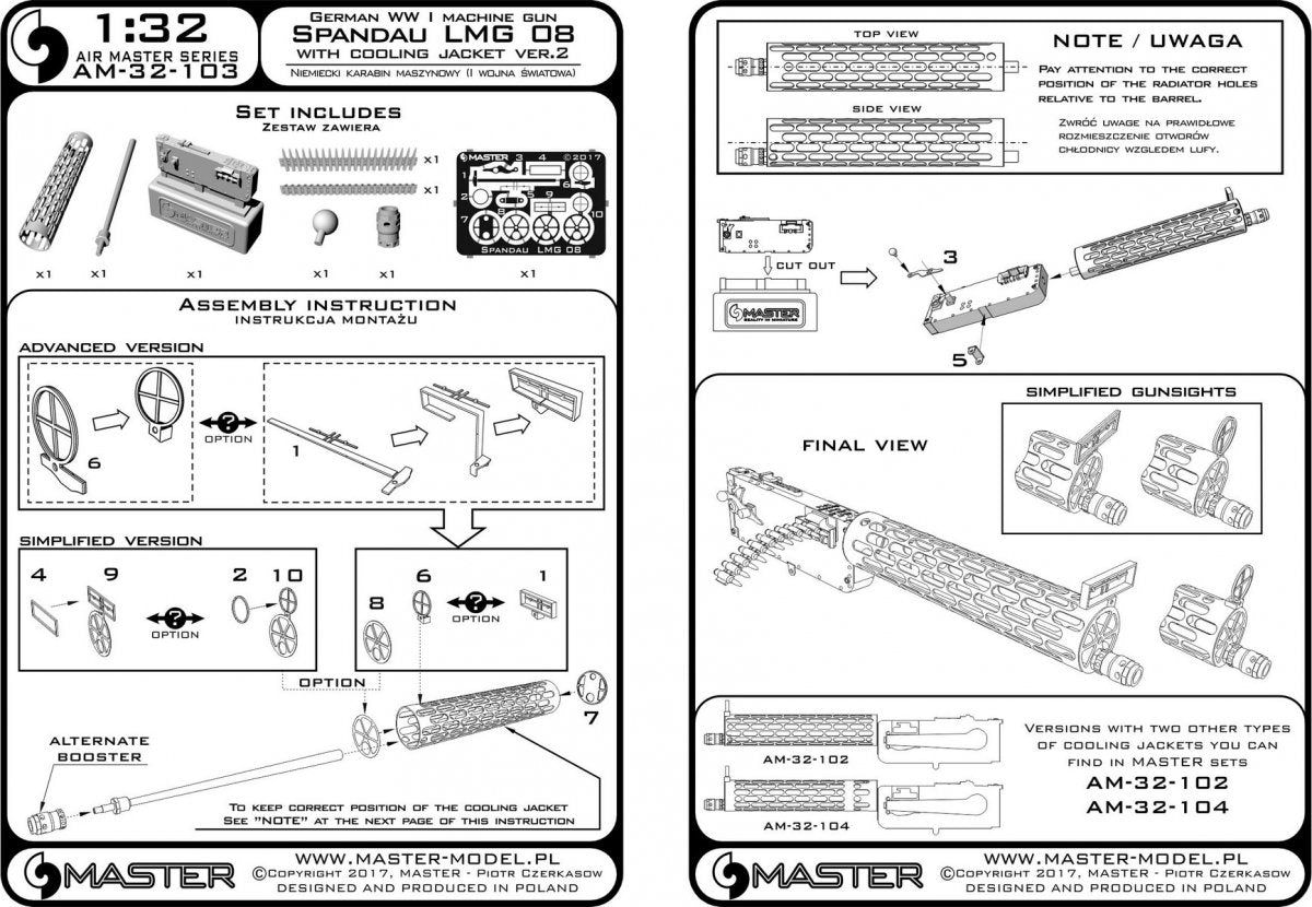 Master AM-32-103 German WWI Machine Gun Spandau LMG 09 with Cooling Jacket ver.2 1/32 – immagine 5