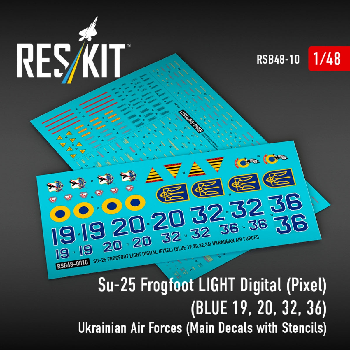 RESKIT RSB48-0010 Su-25 Frogfoot LIGHT Digital (Pixel) (BLUE 19, 20, 32, 36) Ukrainian Air Forces (Main Decals with Stencils) 1/48