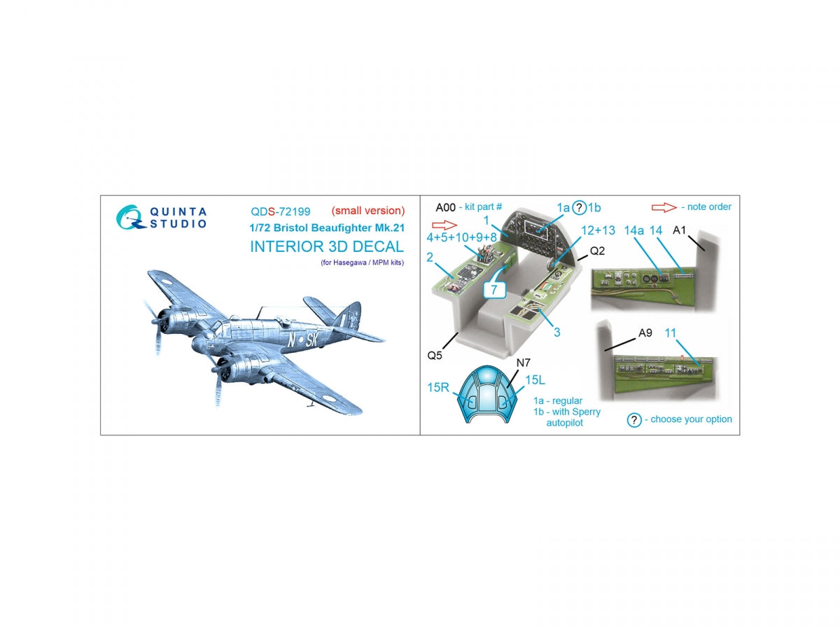 Quinta Studio QDS-72199 Bristol Beaufighter Mk.21 3D-Printed &amp;amp; coloured Interior on decal paper (Hasegawa/MPM) (small version) 1/72 – Bild 2