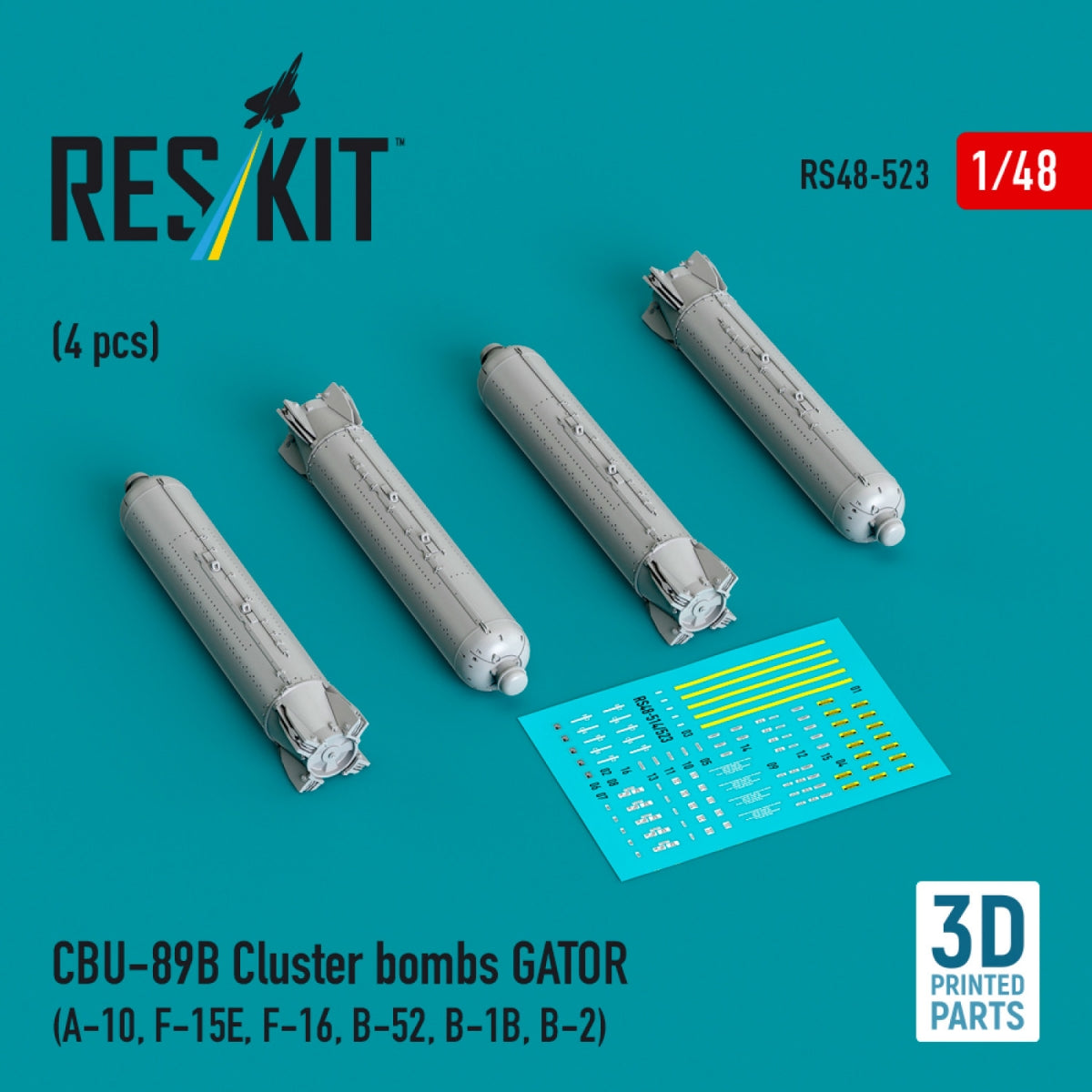RESKIT RS48-0523 Bombes à fragmentation CBU-89B GATOR (4 pièces) (Impression 3D) 1/48
