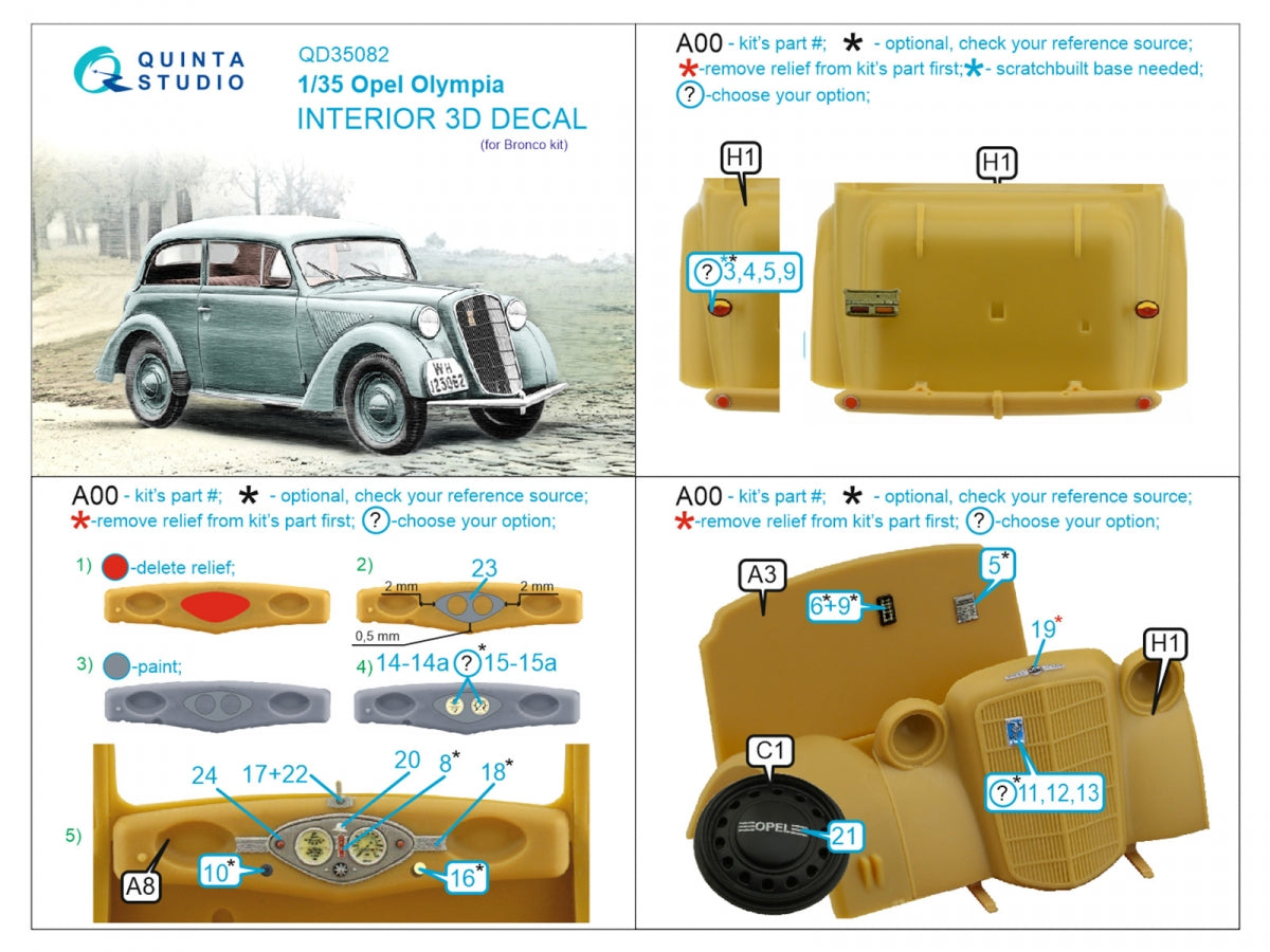 Quinta Studio QD35082 1937 Opel Olympia 3D-Printed &amp;amp; coloured Interior on decal paper (Bronco) 1/35 – zdjęcie 2