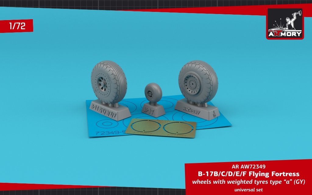 Armory Models AW72349 B-17B/C/D/E/F Flying Fortress wheels w/ weighted tires type “a” (GY) &amp; PE hubcaps 1/72