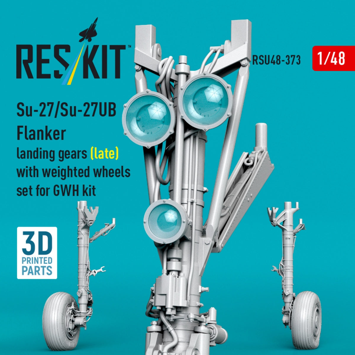 RESKIT RSU48-0373 Su-27/Su-27UB Flanker landing gears (late) with weighted wheels set for GWH kit (3D Printed) 1/48