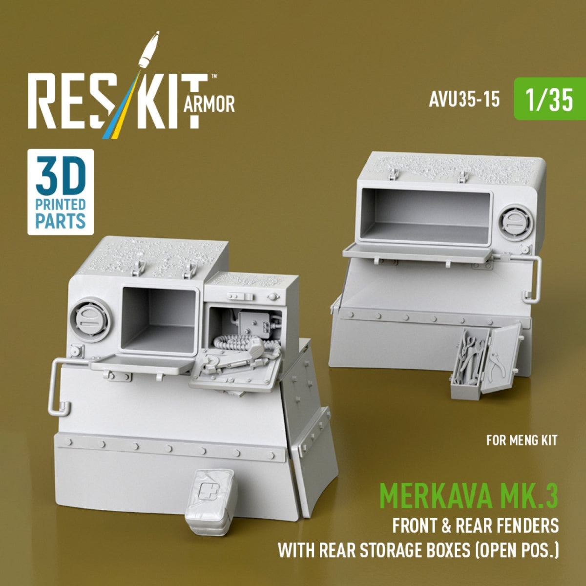 RESKIT AVU35-0015 Merkava Mk.3 front &amp; rear fenders with rear storage boxes (open pos.) for Meng kit (3D Printed) 1/35