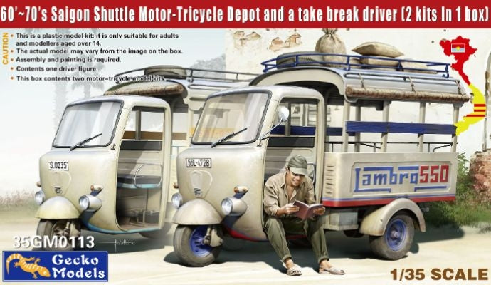 Gecko Models 35GM0113 Dépôt de moto-tricycles de la navette de Saigon (années 60-70) et un système de pause [2 kits dans 1 boîte] 1/35