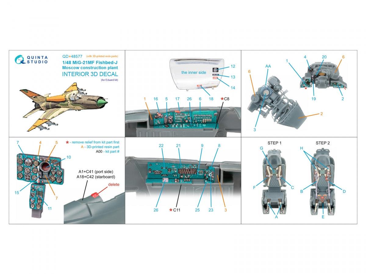 Quinta Studio QD+48577 MiG-21MF Fishbed-J (Moscow plant) 3D-Printed &amp;amp; coloured Interior on decal paper (Eduard) (with 3D-printed resin parts) 1/48 – zdjęcie 2