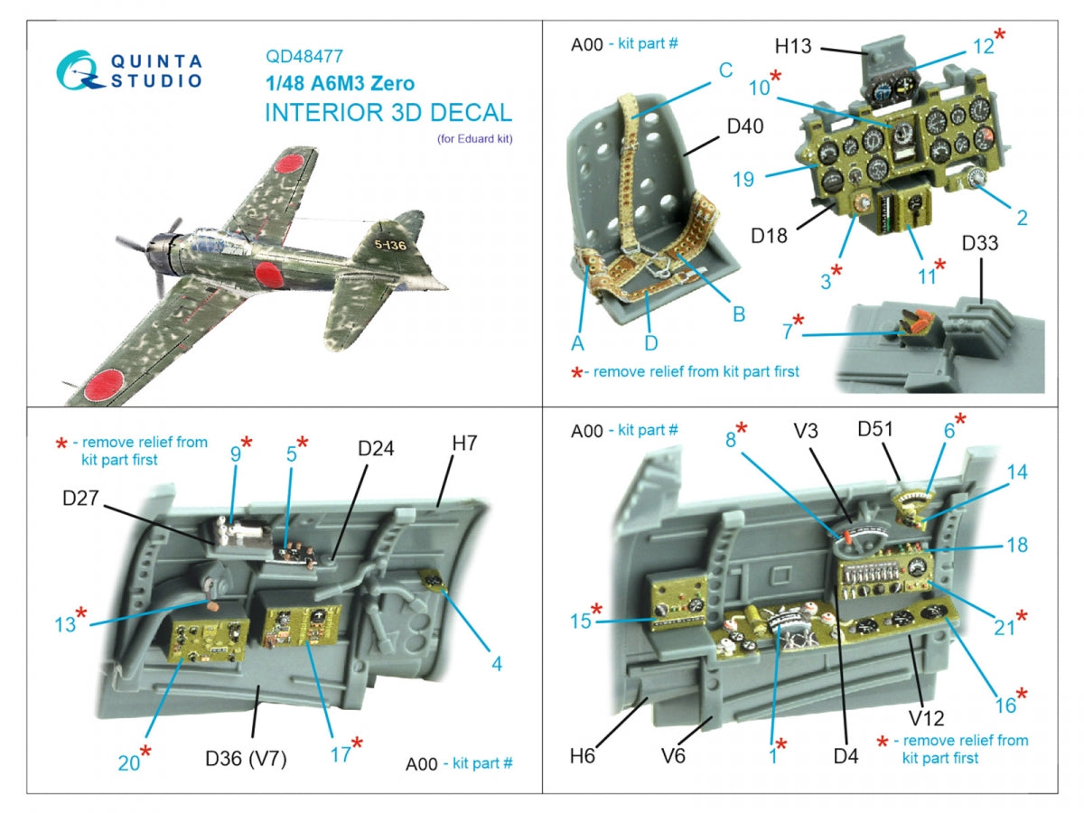 Quinta Studio QD48477 A6M3 Zero 3D-Printed coloured Interior on decal paper (Eduard) 1/48 – zdjęcie 2
