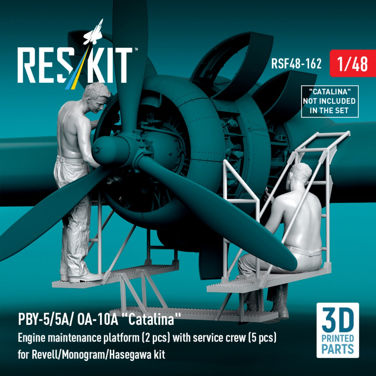 RESKIT RSF48-0162 PBY-5/5A/ OA-10A "Catalina" Engine maintenance platform (2 pcs) with service crew (5 pcs) for Revell/Monogram/Hasegawa kit (3D Printed) 1/48