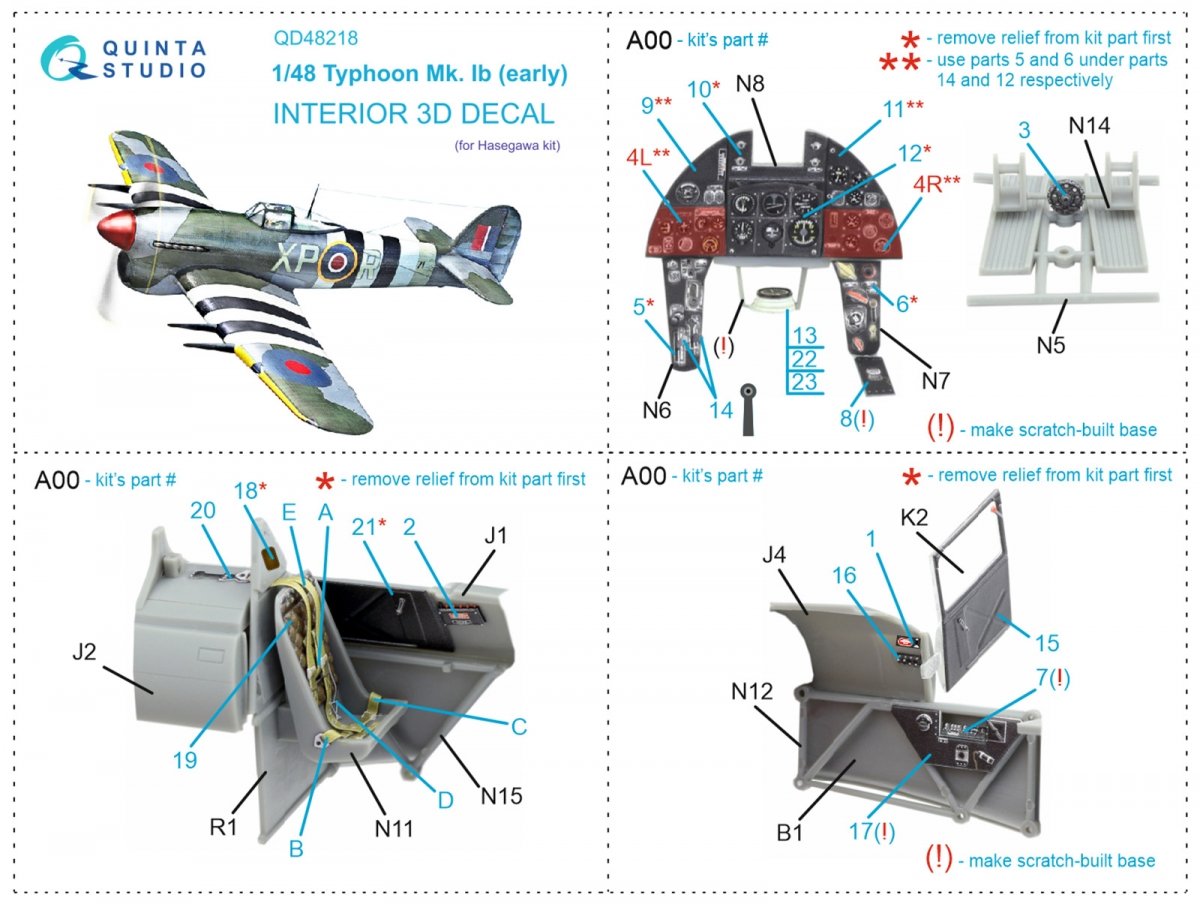 Quinta Studio QD48218 Hawker Typhoon Mk.1b early 3D-Printed &amp;amp; coloured Interior on decal paper ( Hasegawa ) 1/48 – immagine 2