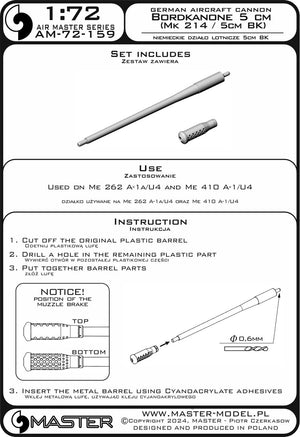 Master AM-72-159 Niemieckie działko lotnicze Bordkanone 5cm (Mk 214 / 5cm BK) - używane na Me 262 A-1a/U4, Me 410 A-1/U4 1/72 – imagen 7