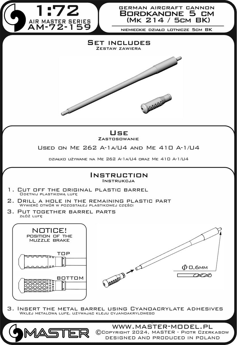 Master AM-72-159 Niemieckie działko lotnicze Bordkanone 5cm (Mk 214 / 5cm BK) - używane na Me 262 A-1a/U4, Me 410 A-1/U4 1/72 – imagen 7