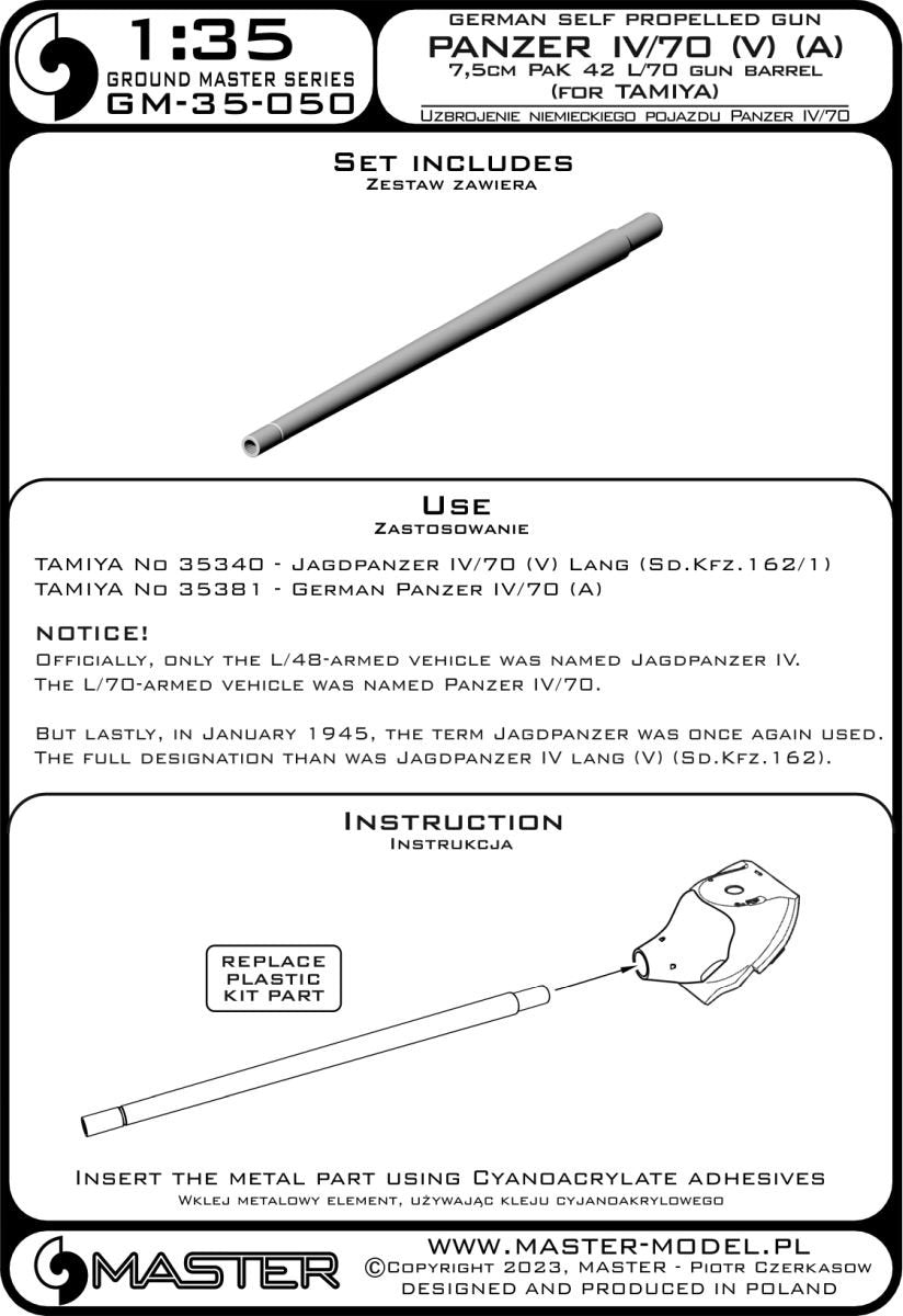 Master GM-35-050 Panzer IV/70 (A) &amp;amp; (V) - 7,5cm PaK 42 L/70 gun barrel (for Tamiya kit) 1/35 – imagen 6