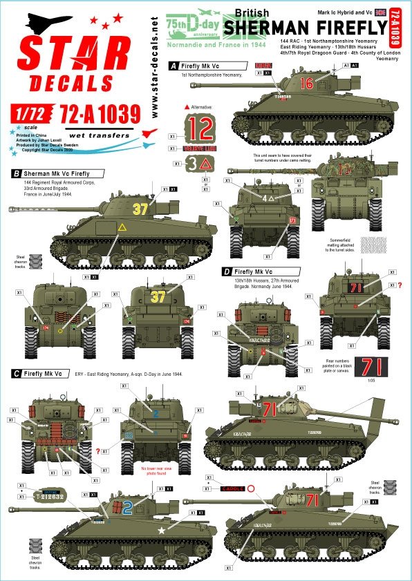 Star Decals 72-A1039 Sherman Firefly britannique. Spécial 75e anniversaire du Débarquement. Firefly Mk Ic et Mk Vc à l'échelle 1/72