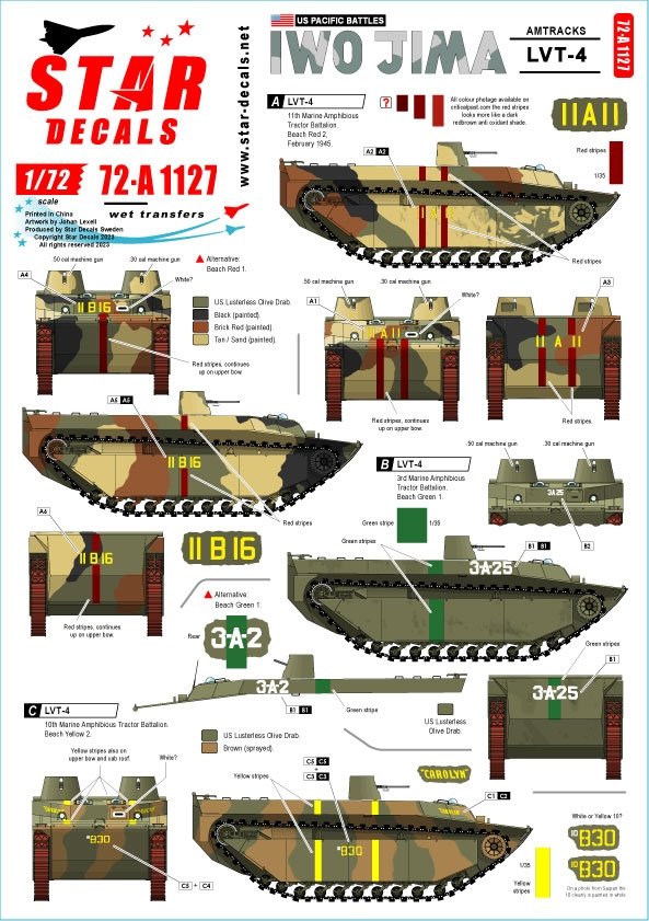 Star Decals 72-A1127 GUERRES DU PACIFIQUE AMÉRICAINES - IWO JIMA USMC LVT-4 Amtracks 1/72