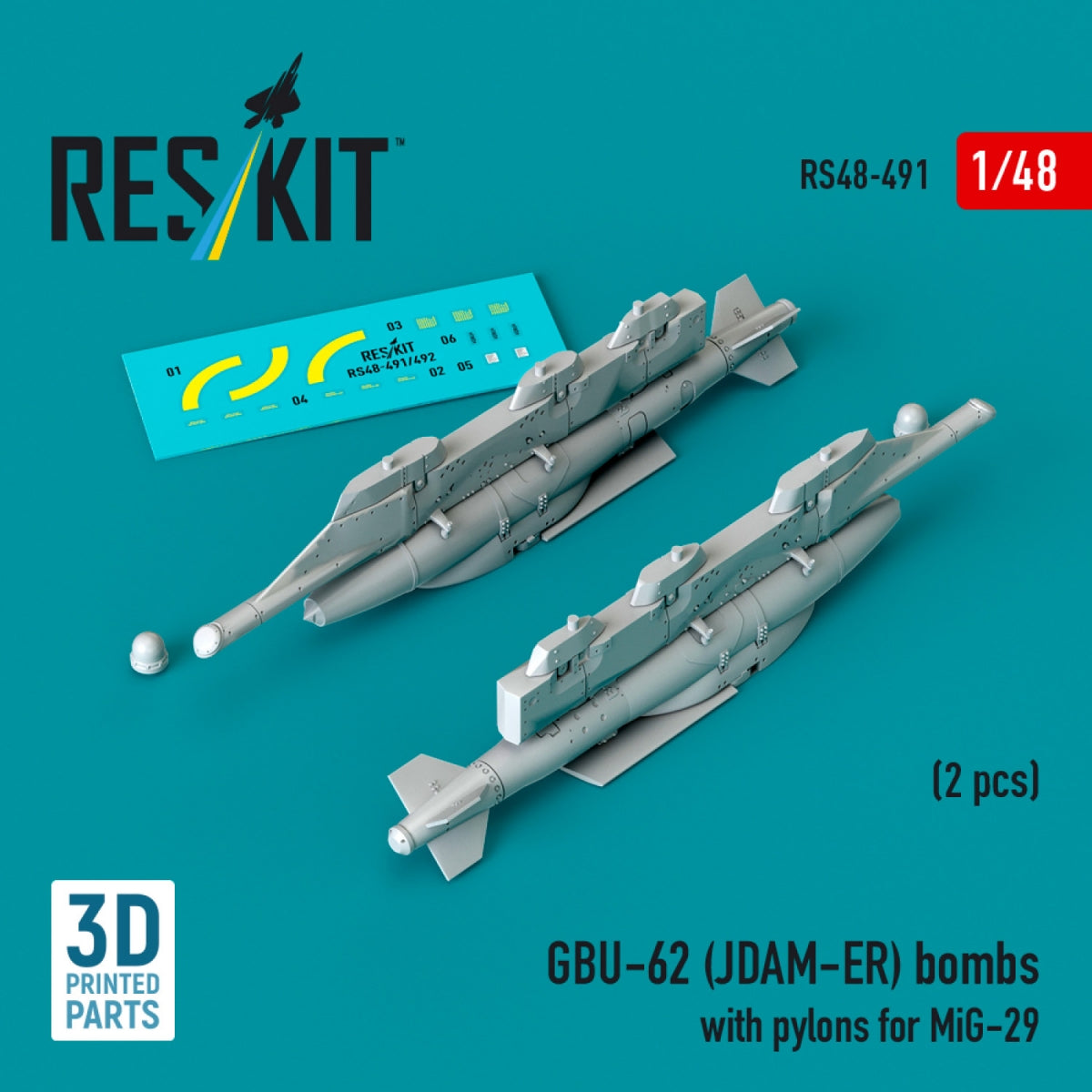 RESKIT RS48-0491 GBU-62 (JDAM-ER) bombs with pylons for MiG-29 "Fulcrum" (2 pcs) (3D Printed) 1/48