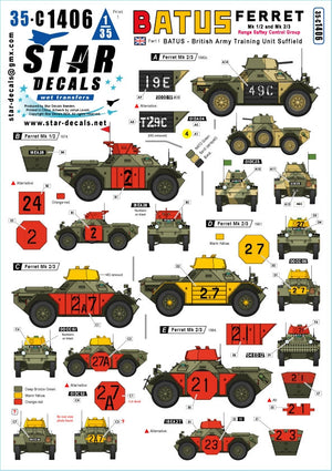 Star Decals 35-C1406 BATUS n° 1. Unité d&amp;#39;entraînement de l&amp;#39;armée britannique à Suffield, au Canada. Ferret Mk 1/2 et Mk 2/3. Groupe de contrôle de sécurité du champ de tir 1/35