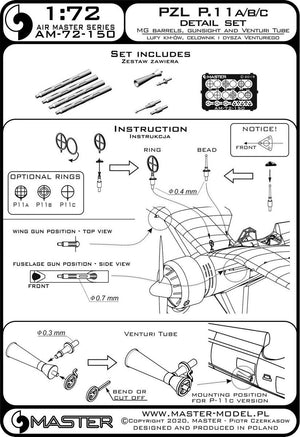 Master AM-72-150 PZL P.11a/b/c - zestaw detali - lufy karabinu wz. 33, celowniki oraz dysza Venturiego 1/72 – Bild 6
