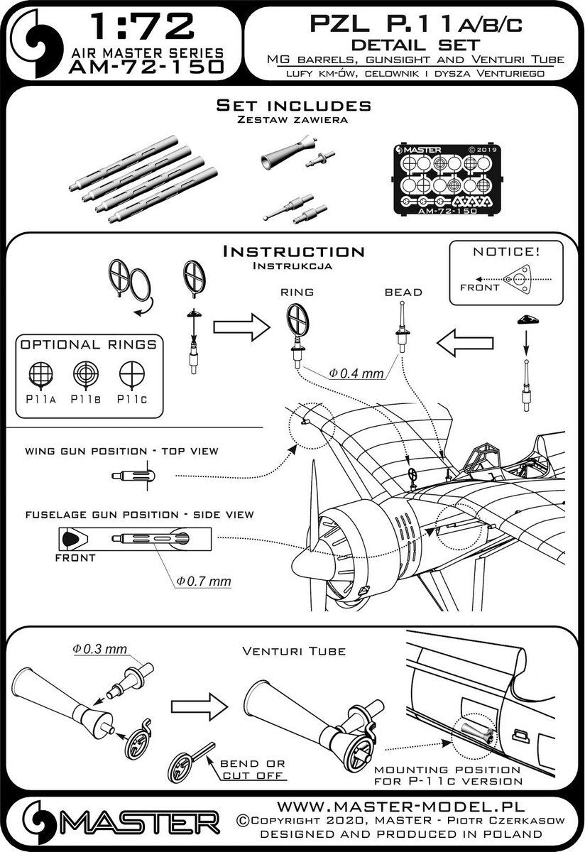 Master AM-72-150 PZL P.11a/b/c - zestaw detali - lufy karabinu wz. 33, celowniki oraz dysza Venturiego 1/72 – Bild 6