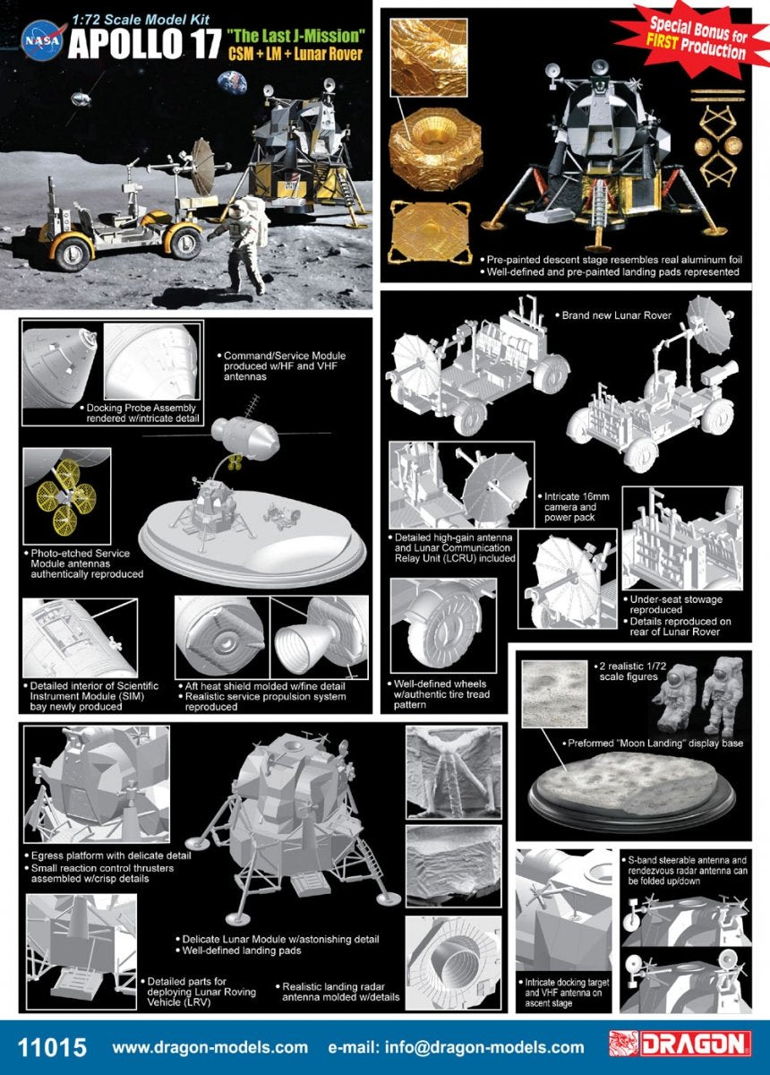 Dragon 11015 Apollo 17 &amp;quot;The Last J-Mission&amp;quot; CSM + LM + Lunar Rover 1/72 – immagine 2