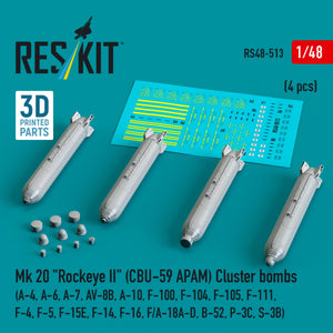 RESKIT RS48-0513 Mk 20 &amp;quot;Rockeye II&amp;quot; (CBU-59 APAM) Cluster bombs (4 pcs) (3D Printed) 1/48