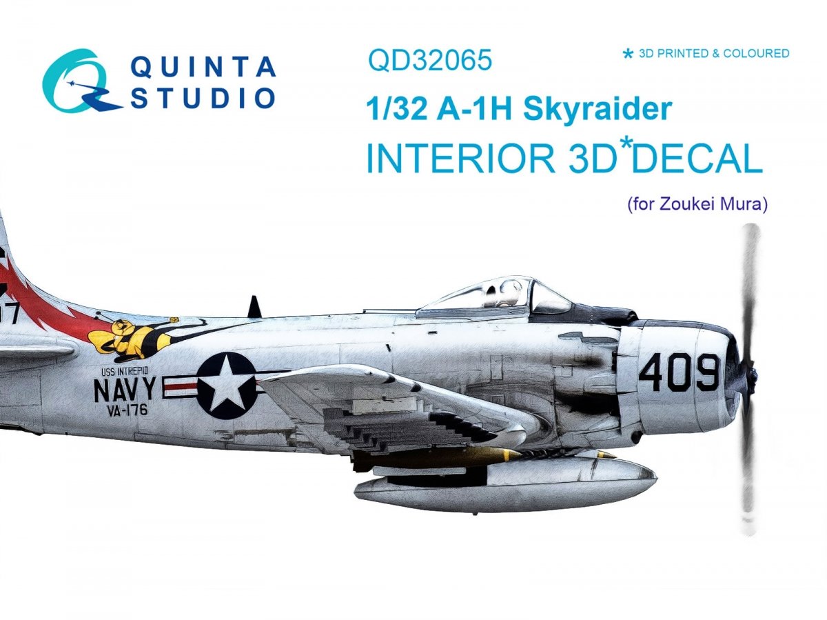 Intérieur imprimé en 3D et coloré sur papier décalcomanie Quinta Studio QD32065 A-1H Skyraider (pour kit ZM SWS) 1/32