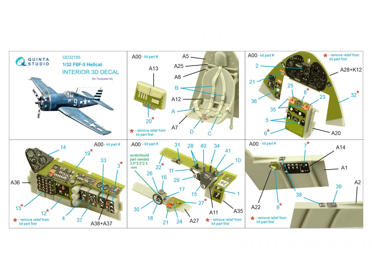 Quinta Studio QD32195 F6F-5 Hellcat 3D-Printed &amp;amp; coloured Interior on decal paper (Trumpeter) 1/32 – imagen 2